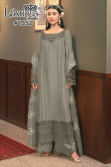 Laxuria Trendz | D.No.-1553 B | Embroidered Satin Tunic with Bell Sleeves & Organza Dupatta