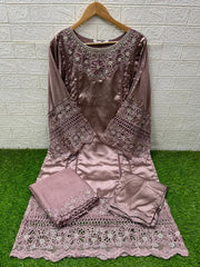Laxuria Trendz | D.No.-1553 A | Embroidered Satin Tunic with Bell Sleeves & Organza Dupatta