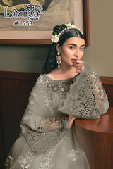 Laxuria Trendz | D.No.-1553 B | Embroidered Satin Tunic with Bell Sleeves & Organza Dupatta