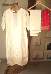 Cream Indian Wedding Salwar Kameez with Pink Dupatta,, Readymade Dress in Simmer Silk with Zari, Sequins and Thread work