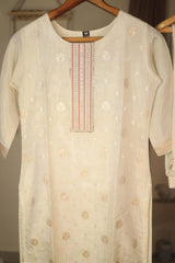 Cream Indian Wedding Salwar Kameez with Pink Dupatta,, Readymade Dress in Simmer Silk with Zari, Sequins and Thread work