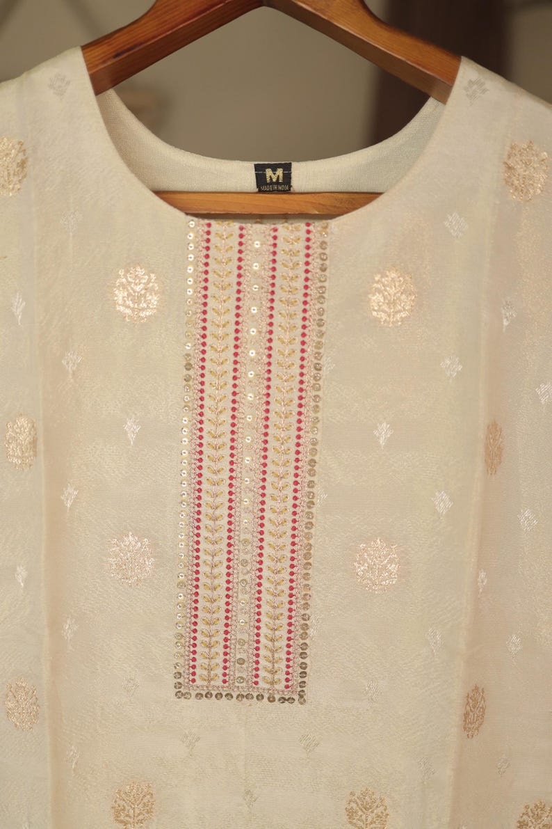 Cream Indian Wedding Salwar Kameez with Pink Dupatta,, Readymade Dress in Simmer Silk with Zari, Sequins and Thread work