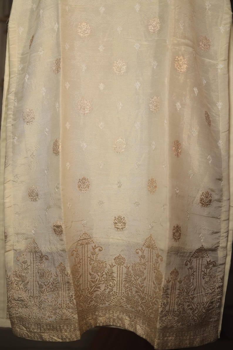 Cream Indian Wedding Salwar Kameez with Pink Dupatta,, Readymade Dress in Simmer Silk with Zari, Sequins and Thread work