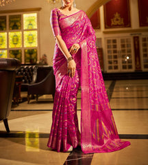 Rani Organza Silk Saree, Zari Weaving Saree, Indian Bollywood Style Wedding Occasion Saree
