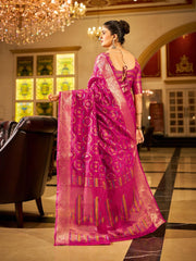 Rani Organza Silk Saree, Zari Weaving Saree, Indian Bollywood Style Wedding Occasion Saree