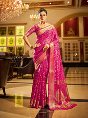 Rani Organza Silk Saree, Zari Weaving Saree, Indian Bollywood Style Wedding Occasion Saree