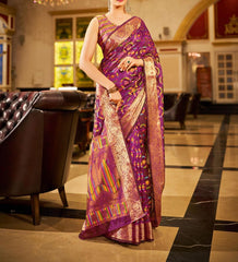 Purple Organza Silk Saree, Zari Weaving Saree, Bollywood Style Wedding Saree