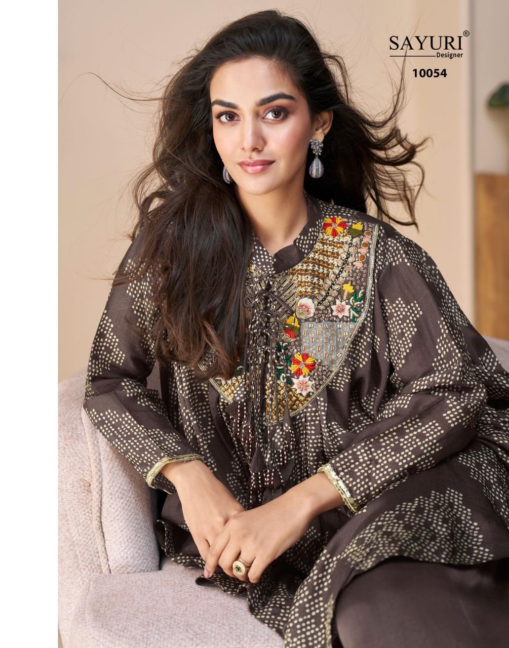 SAYURI DESIGNER FABRIC - PREMIUM REAL CHINON SILK ( EMBROIDERED TOP WITH HAND EMBELLISHED WORK PONCHO STYLE  WITH PLAZZO ) 10054