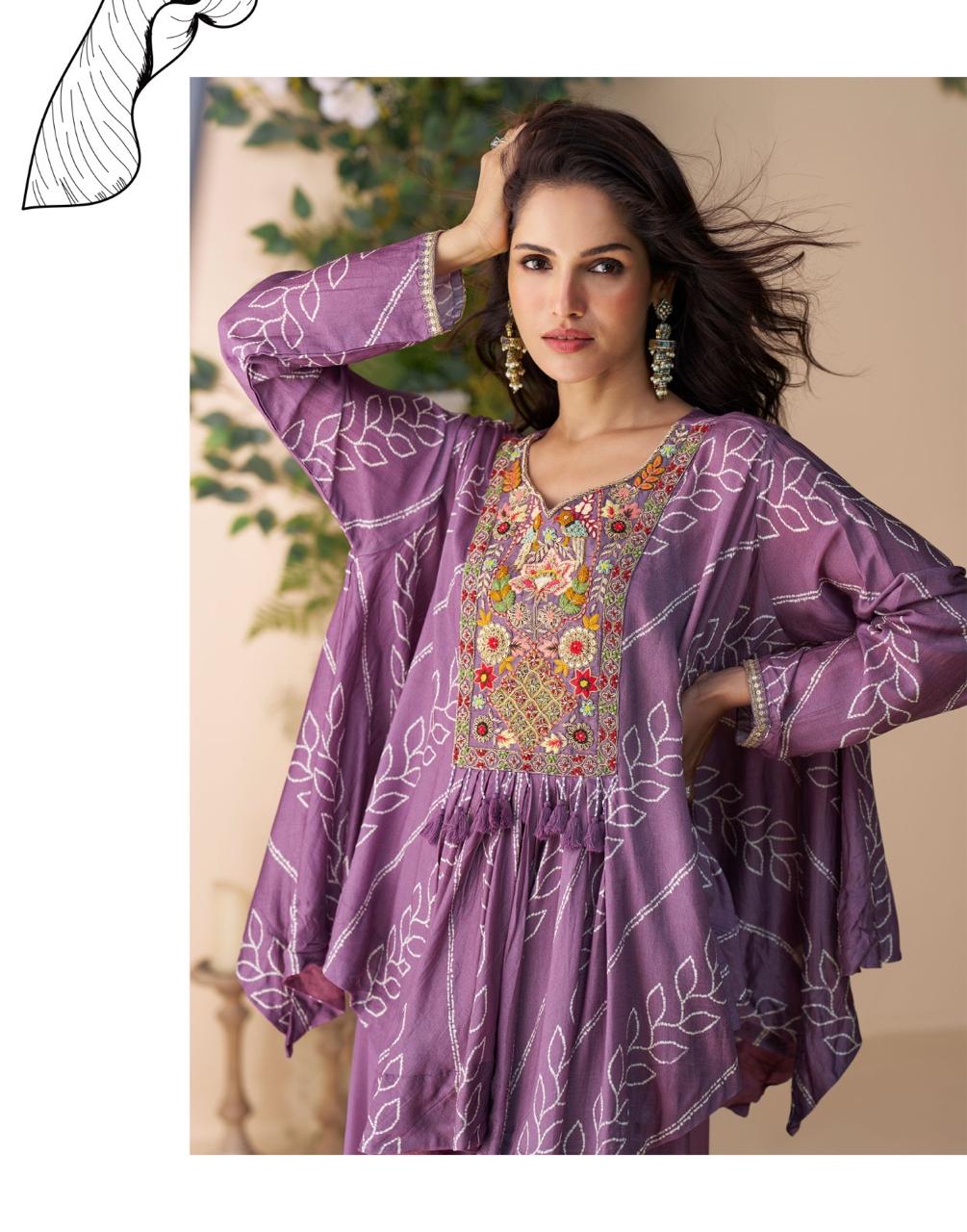 SAYURI DESIGNER FABRIC - PREMIUM REAL CHINON SILK ( EMBROIDERED TOP WITH HAND EMBELLISHED WORK PONCHO STYLE  WITH PLAZZO ) 10056