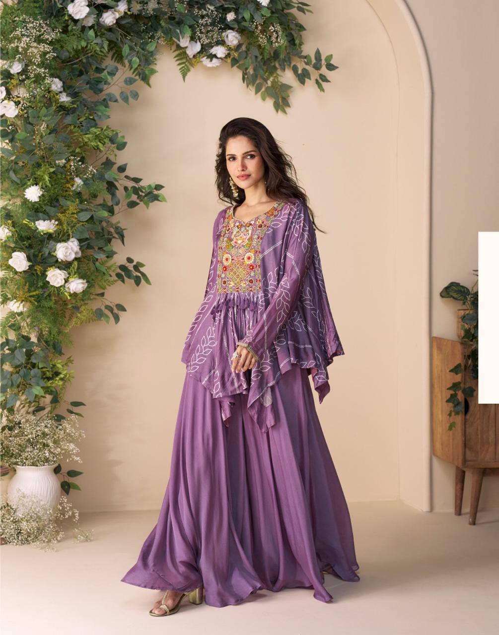SAYURI DESIGNER FABRIC - PREMIUM REAL CHINON SILK ( EMBROIDERED TOP WITH HAND EMBELLISHED WORK PONCHO STYLE  WITH PLAZZO ) 10056