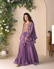 SAYURI DESIGNER FABRIC - PREMIUM REAL CHINON SILK ( EMBROIDERED TOP WITH HAND EMBELLISHED WORK PONCHO STYLE  WITH PLAZZO ) 10056