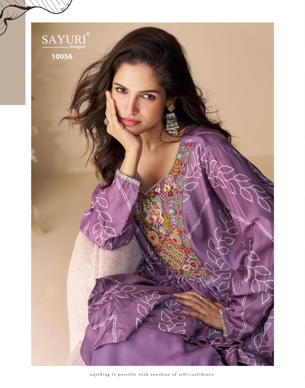 SAYURI DESIGNER FABRIC - PREMIUM REAL CHINON SILK ( EMBROIDERED TOP WITH HAND EMBELLISHED WORK PONCHO STYLE  WITH PLAZZO ) 10056