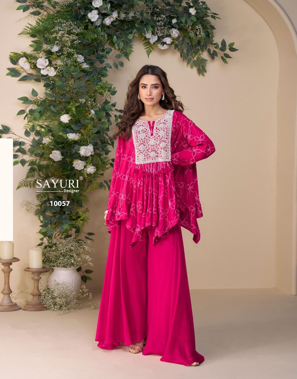 SAYURI DESIGNER FABRIC - PREMIUM REAL CHINON SILK ( EMBROIDERED TOP WITH HAND EMBELLISHED WORK PONCHO STYLE  WITH PLAZZO ) 10057
