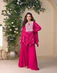 SAYURI DESIGNER FABRIC - PREMIUM REAL CHINON SILK ( EMBROIDERED TOP WITH HAND EMBELLISHED WORK PONCHO STYLE  WITH PLAZZO ) 10057