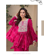 SAYURI DESIGNER FABRIC - PREMIUM REAL CHINON SILK ( EMBROIDERED TOP WITH HAND EMBELLISHED WORK PONCHO STYLE  WITH PLAZZO ) 10057