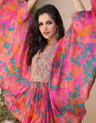 SAYURI DESIGNER FABRIC - PREMIUM REAL CHINON SILK ( EMBROIDERED TOP WITH HAND EMBELLISHED WORK PONCHO STYLE  WITH PLAZZO ) 10058