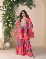 SAYURI DESIGNER FABRIC - PREMIUM REAL CHINON SILK ( EMBROIDERED TOP WITH HAND EMBELLISHED WORK PONCHO STYLE  WITH PLAZZO ) 10058