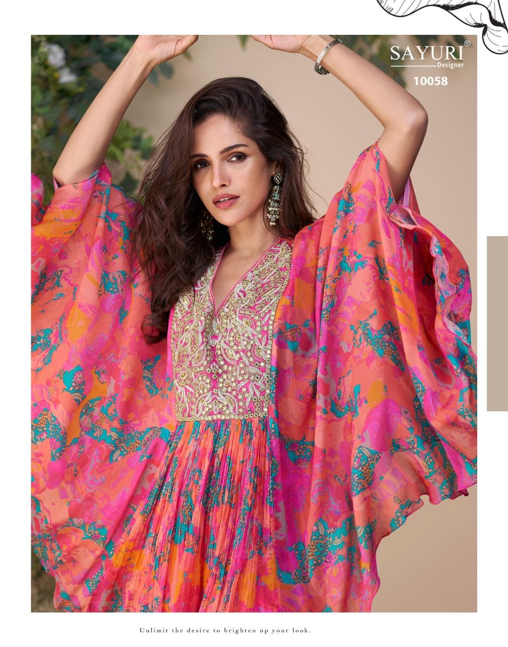 SAYURI DESIGNER FABRIC - PREMIUM REAL CHINON SILK ( EMBROIDERED TOP WITH HAND EMBELLISHED WORK PONCHO STYLE  WITH PLAZZO ) 10058