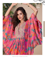 SAYURI DESIGNER FABRIC - PREMIUM REAL CHINON SILK ( EMBROIDERED TOP WITH HAND EMBELLISHED WORK PONCHO STYLE  WITH PLAZZO ) 10058