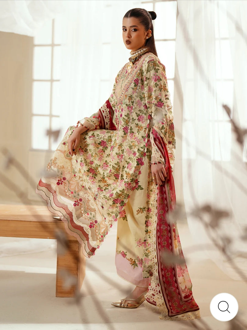 Eres Bonita by BinIlyas Embroidered Viscose Shirt with Digital Print Chiffon Dupatta & Trousers | 3-Piece Unstitched Suit 1107-A