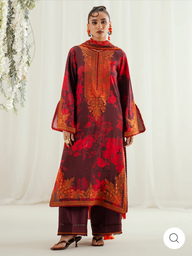 Eres Bonita by BinIlyas Embroidered Viscose Shirt with Digital Print Chiffon Dupatta & Trousers | 3-Piece Unstitched Suit 1106-A