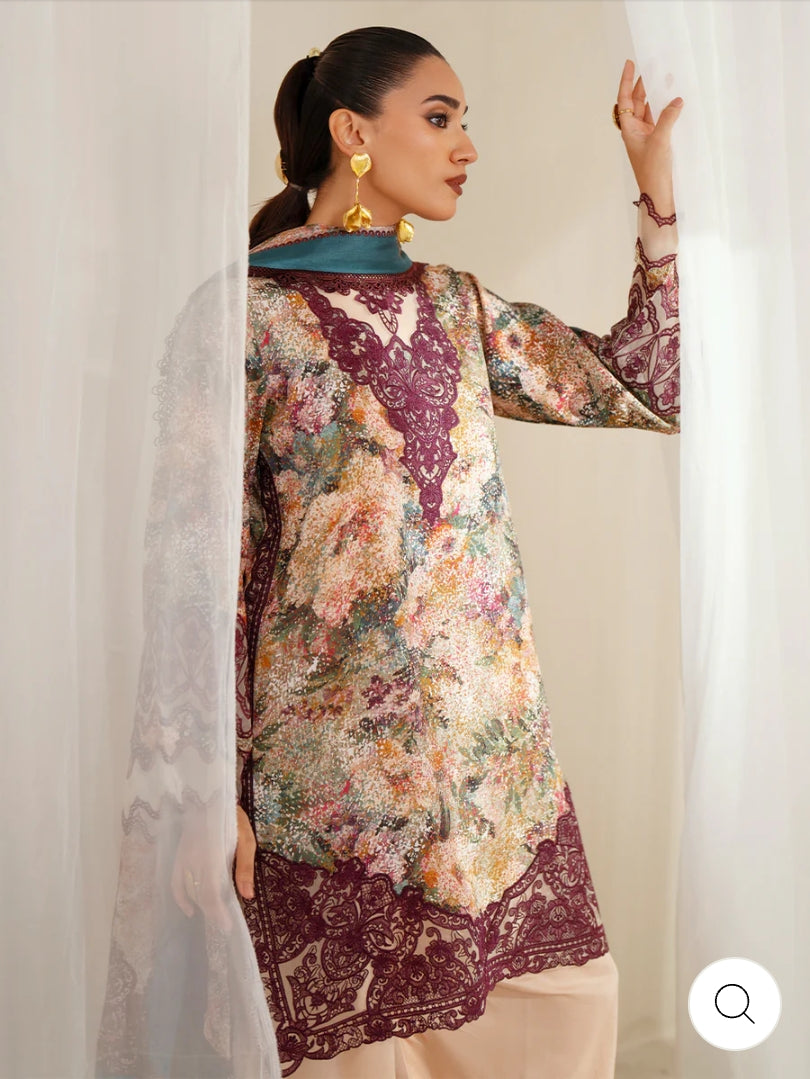 Eres Bonita by BinIlyas Embroidered Viscose Shirt with Digital Print Chiffon Dupatta & Trousers | 3-Piece Unstitched Suit 1104-B