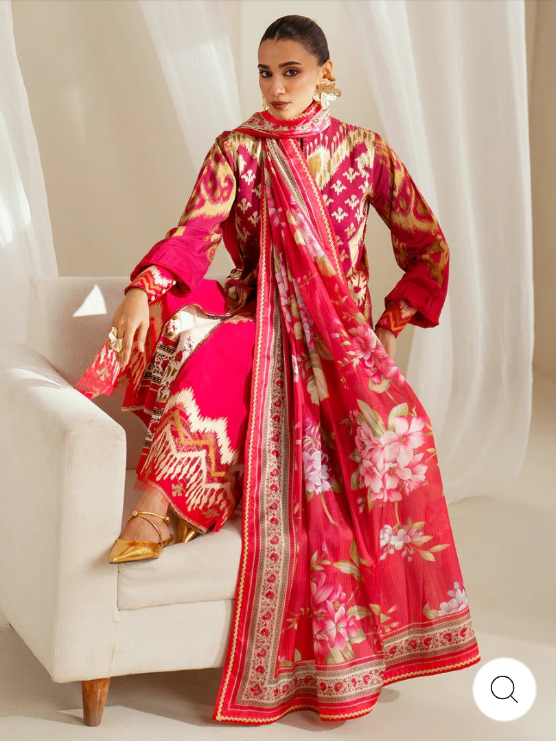 Eres Bonita by BinIlyas Embroidered Viscose Shirt with Digital Print Chiffon Dupatta & Trousers | 3-Piece Unstitched Suit 1102-A
