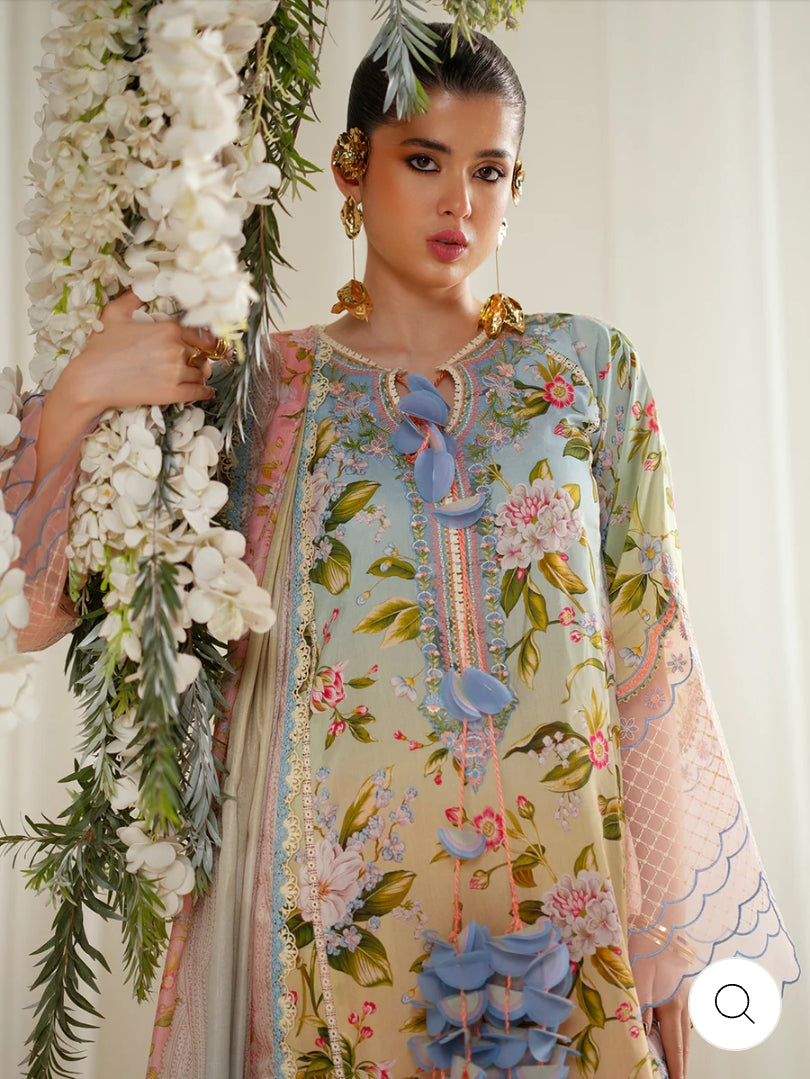 Eres Bonita by BinIlyas Embroidered Viscose Shirt with Digital Print Chiffon Dupatta & Trousers | 3-Piece Unstitched Suit 1105-A