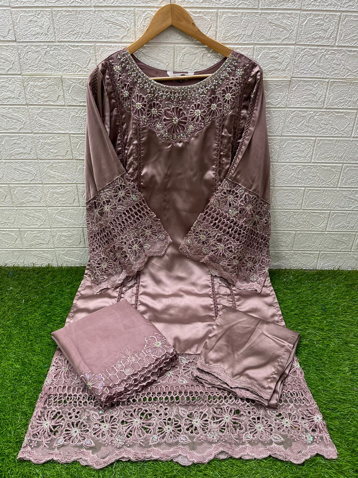 Laxuria Trendz | D.No.-1553 A | Embroidered Satin Tunic with Bell Sleeves & Organza Dupatta