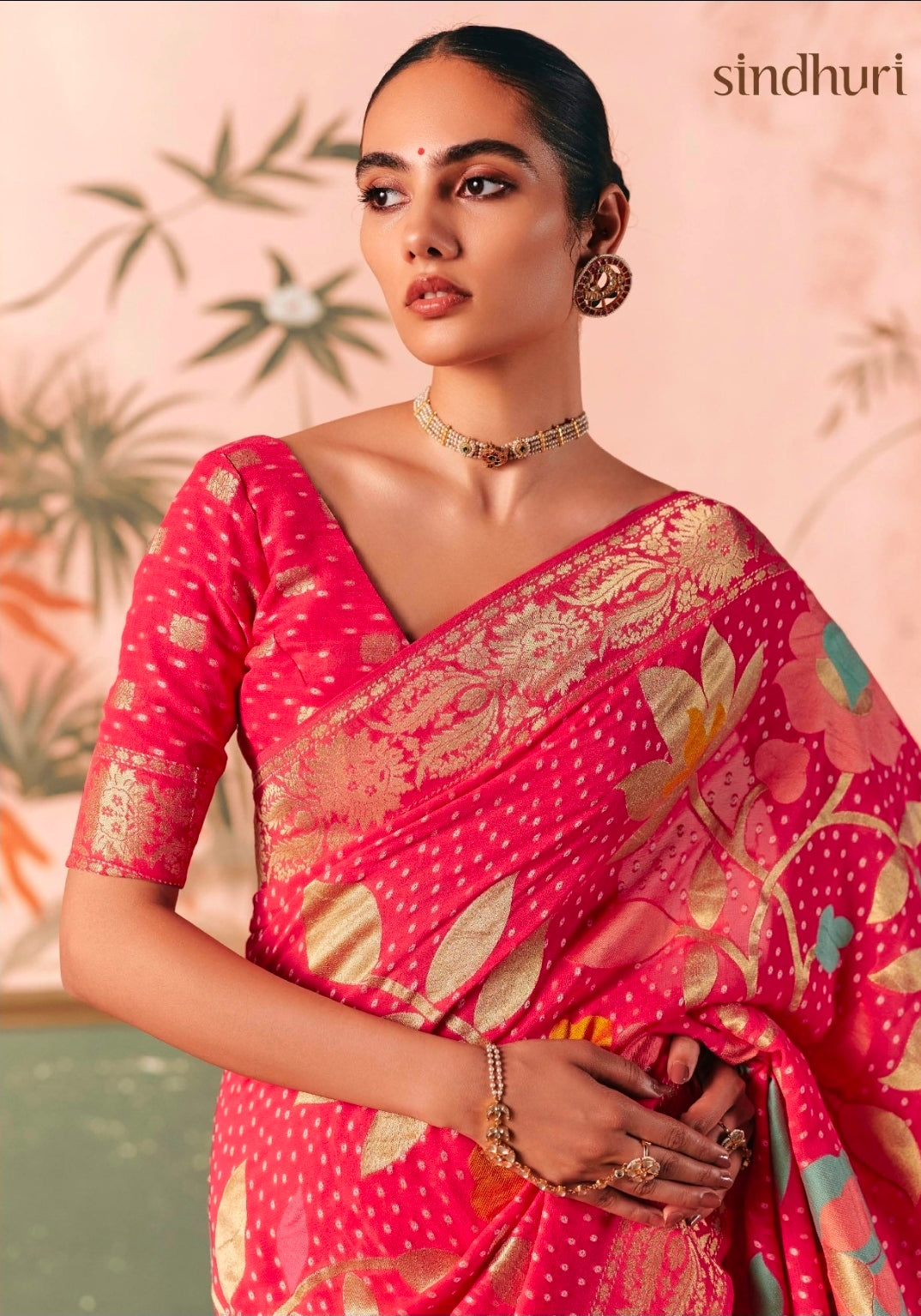 Kimora Sindhuri Premium Bindiya Bandhani Georgette Saree with Blouse SA-489