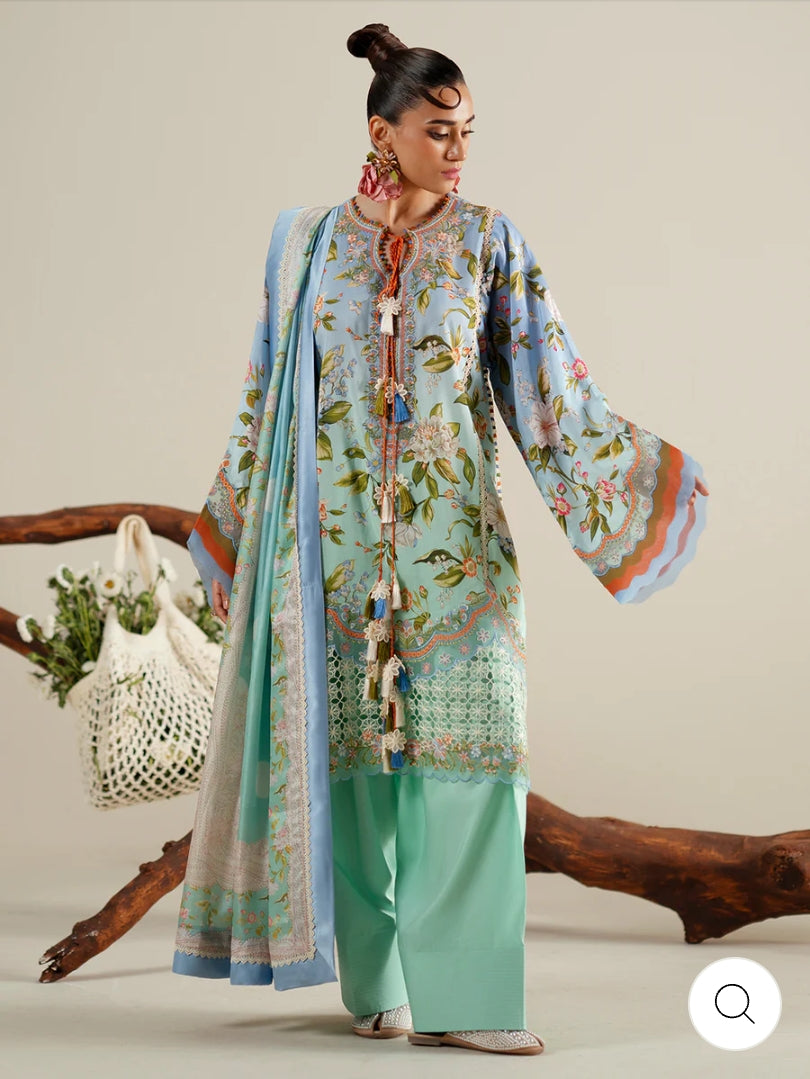 Eres Bonita by BinIlyas Embroidered Viscose Shirt with Digital Print Chiffon Dupatta & Trousers | 3-Piece Unstitched Suit 1105-B
