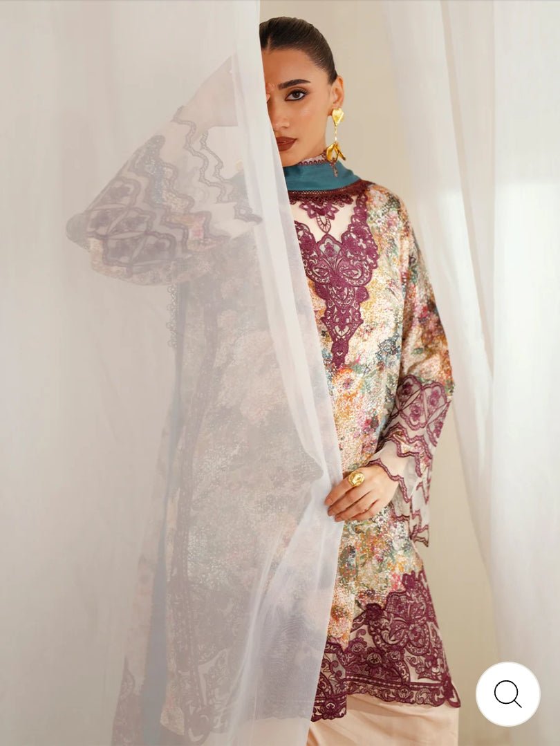 Eres Bonita by BinIlyas Embroidered Viscose Shirt with Digital Print Chiffon Dupatta & Trousers | 3-Piece Unstitched Suit 1104-B