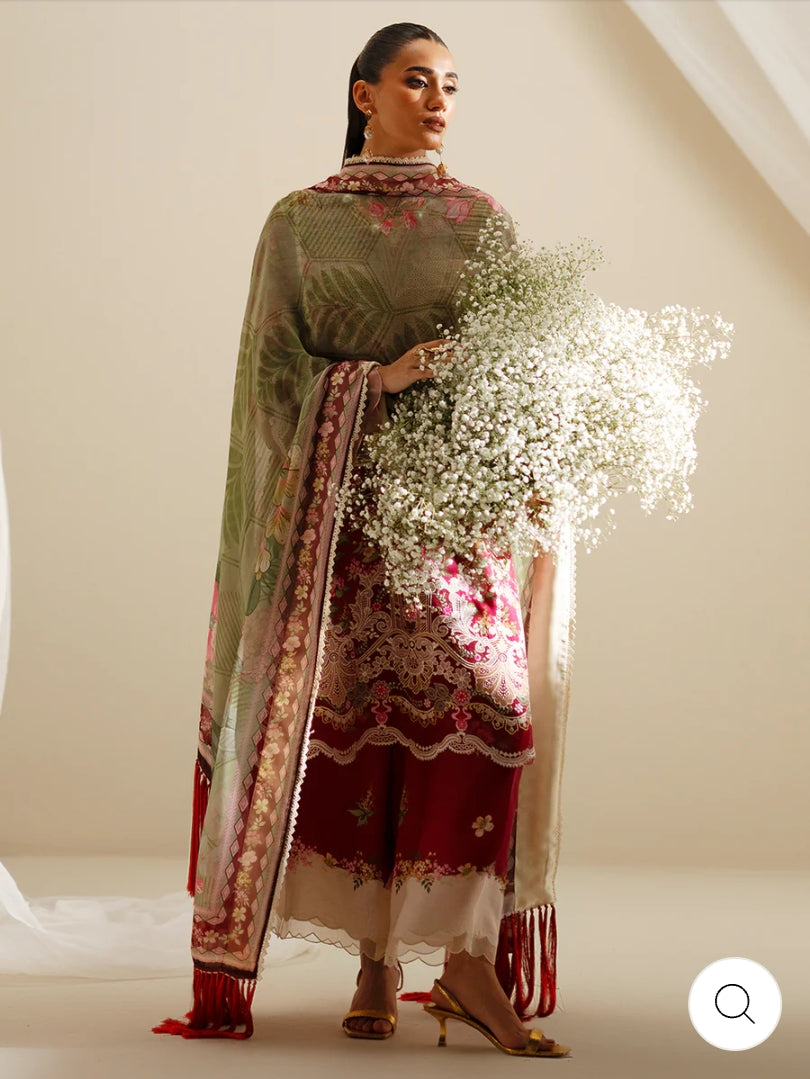 Eres Bonita by BinIlyas Embroidered Viscose Shirt with Digital Print Chiffon Dupatta & Trousers | 3-Piece Unstitched Suit 1107-B