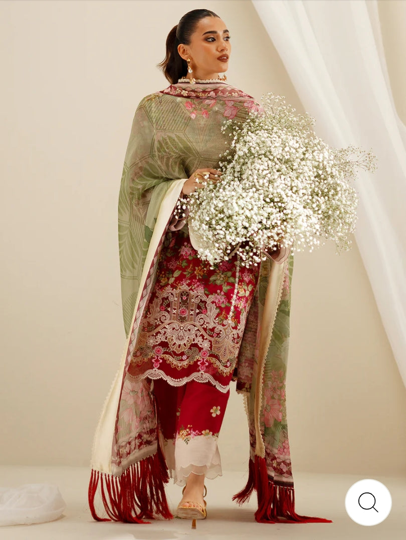 Eres Bonita by BinIlyas Embroidered Viscose Shirt with Digital Print Chiffon Dupatta & Trousers | 3-Piece Unstitched Suit 1107-B