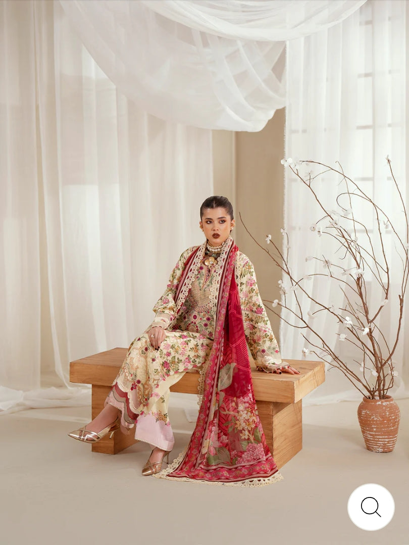 Eres Bonita by BinIlyas Embroidered Viscose Shirt with Digital Print Chiffon Dupatta & Trousers | 3-Piece Unstitched Suit 1107-A