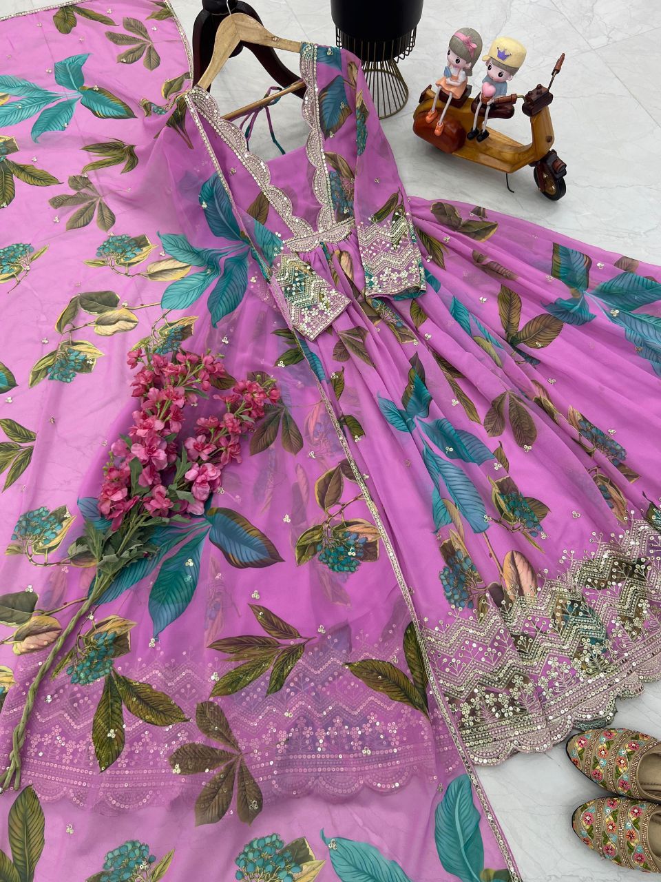 ZB-Series | Embroidered Fox Georgette Party Gown & Dupatta Set Pink