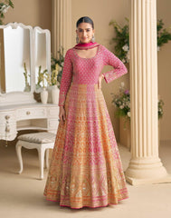 Rutba Swarovski Embellished Anarkali Gown by Sayuri | Premium Georgette Pink & Yellow