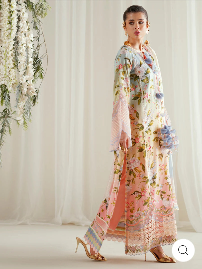 Eres Bonita by BinIlyas Embroidered Viscose Shirt with Digital Print Chiffon Dupatta & Trousers | 3-Piece Unstitched Suit 1105-A