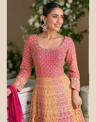 Rutba Swarovski Embellished Anarkali Gown by Sayuri | Premium Georgette Pink & Yellow