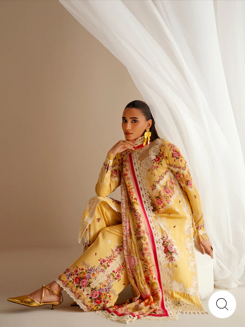 Eres Bonita by BinIlyas Embroidered Viscose Shirt with Digital Print Chiffon Dupatta & Trousers | 3-Piece Unstitched Suit 1101-B