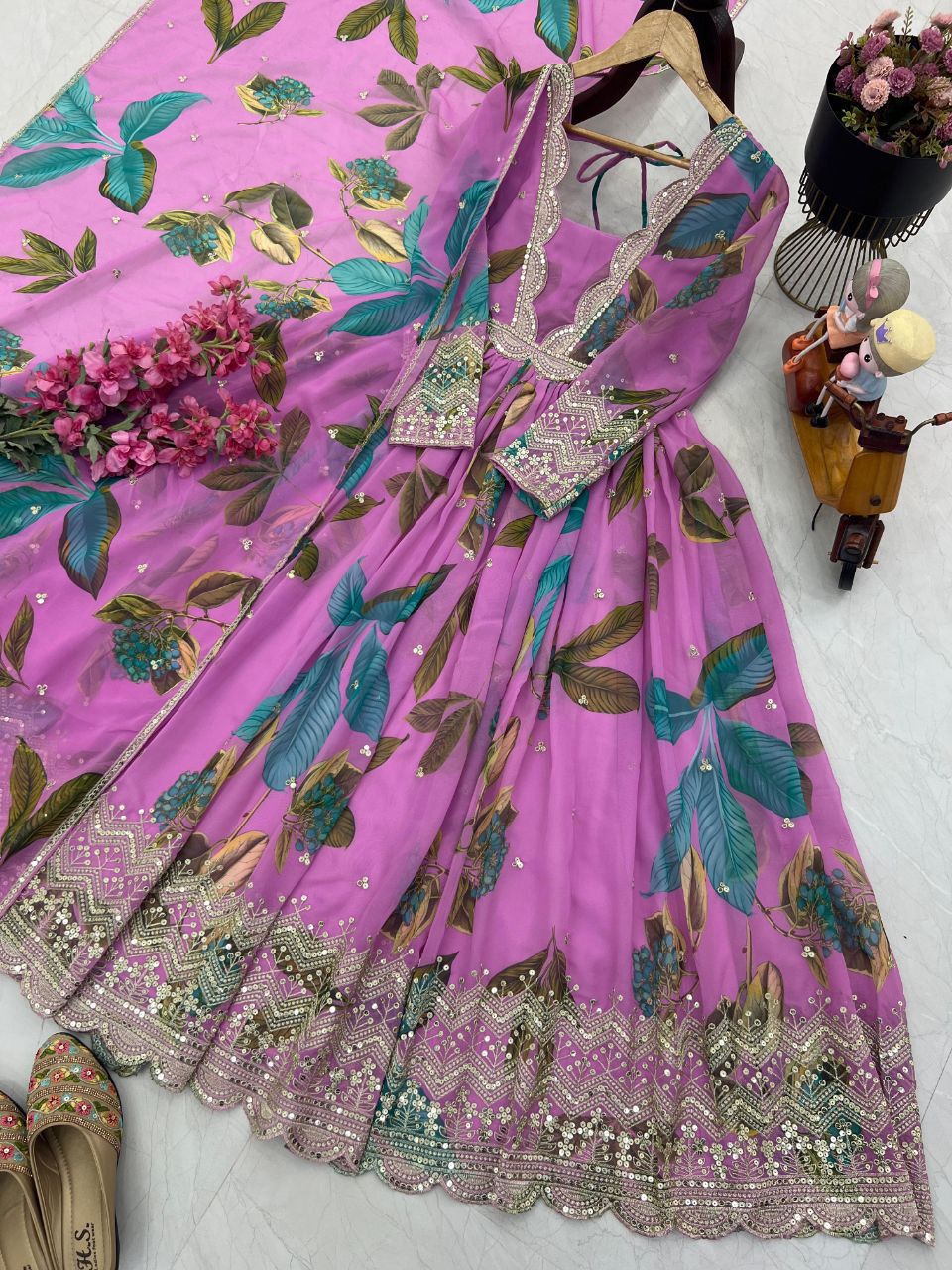 ZB-Series | Embroidered Fox Georgette Party Gown & Dupatta Set Pink