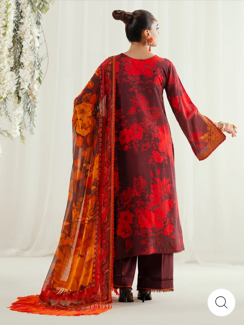 Eres Bonita by BinIlyas Embroidered Viscose Shirt with Digital Print Chiffon Dupatta & Trousers | 3-Piece Unstitched Suit 1106-A