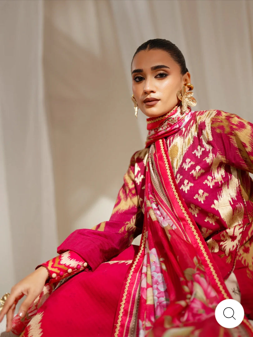 Eres Bonita by BinIlyas Embroidered Viscose Shirt with Digital Print Chiffon Dupatta & Trousers | 3-Piece Unstitched Suit 1102-A
