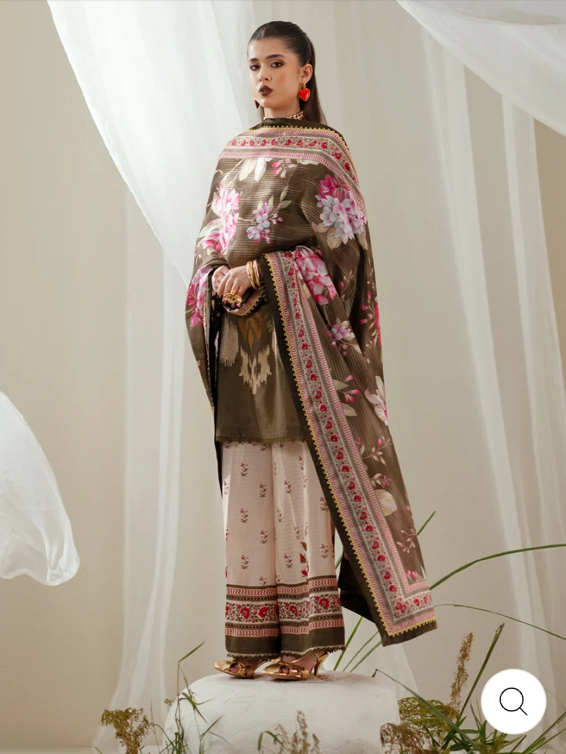 Eres Bonita by BinIlyas Embroidered Viscose Shirt with Digital Print Chiffon Dupatta & Trousers | 3-Piece Unstitched Suit 1102-B