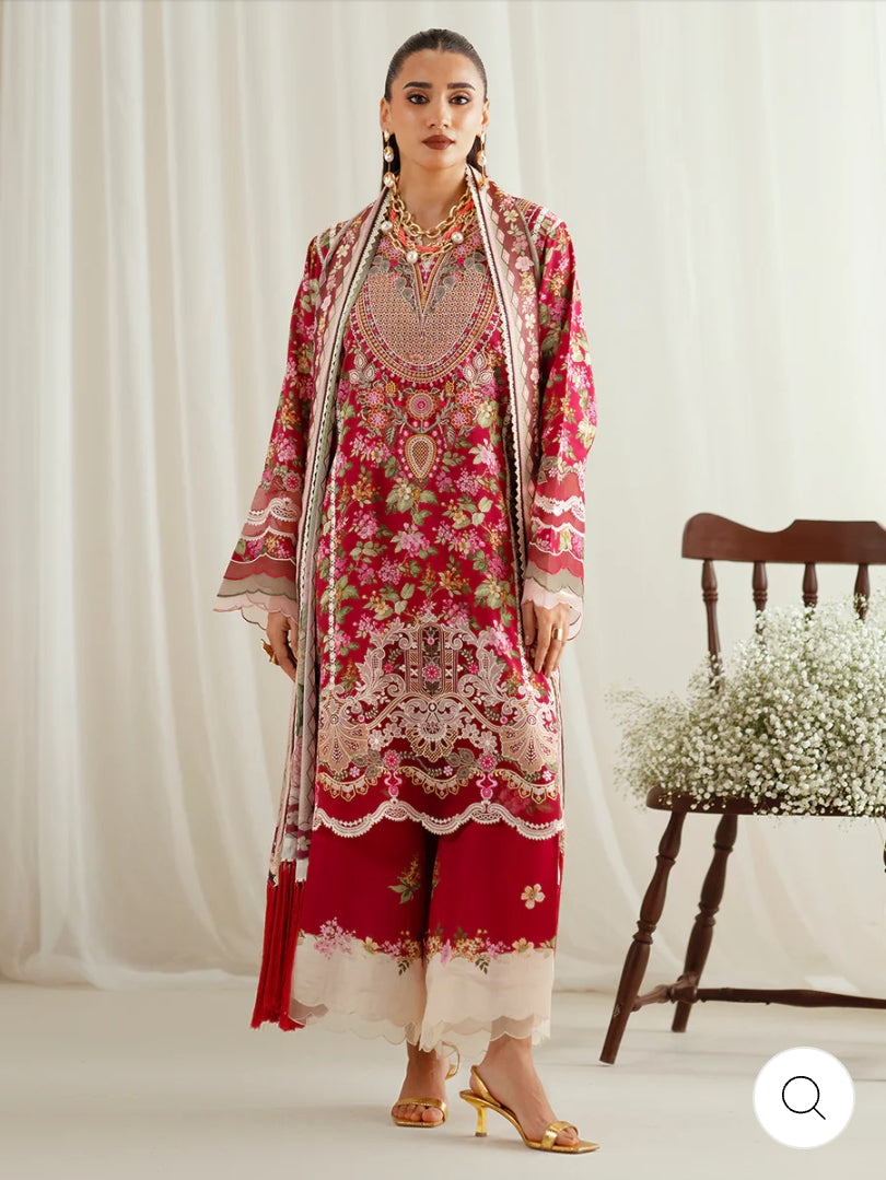Eres Bonita by BinIlyas Embroidered Viscose Shirt with Digital Print Chiffon Dupatta & Trousers | 3-Piece Unstitched Suit 1107-B