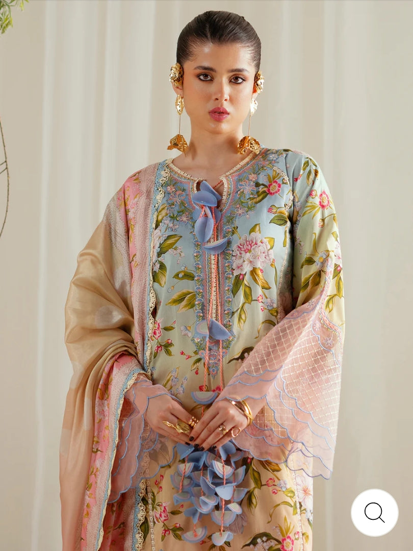 Eres Bonita by BinIlyas Embroidered Viscose Shirt with Digital Print Chiffon Dupatta & Trousers | 3-Piece Unstitched Suit 1105-A
