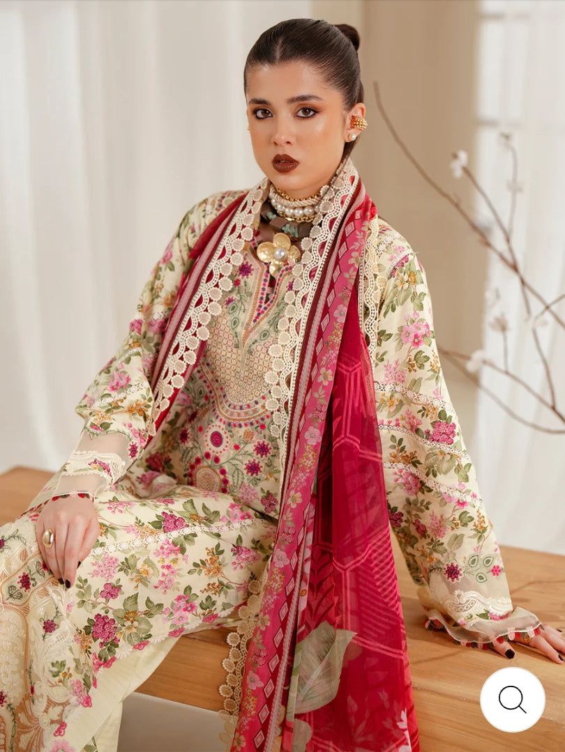 Eres Bonita by BinIlyas Embroidered Viscose Shirt with Digital Print Chiffon Dupatta & Trousers | 3-Piece Unstitched Suit 1107-A