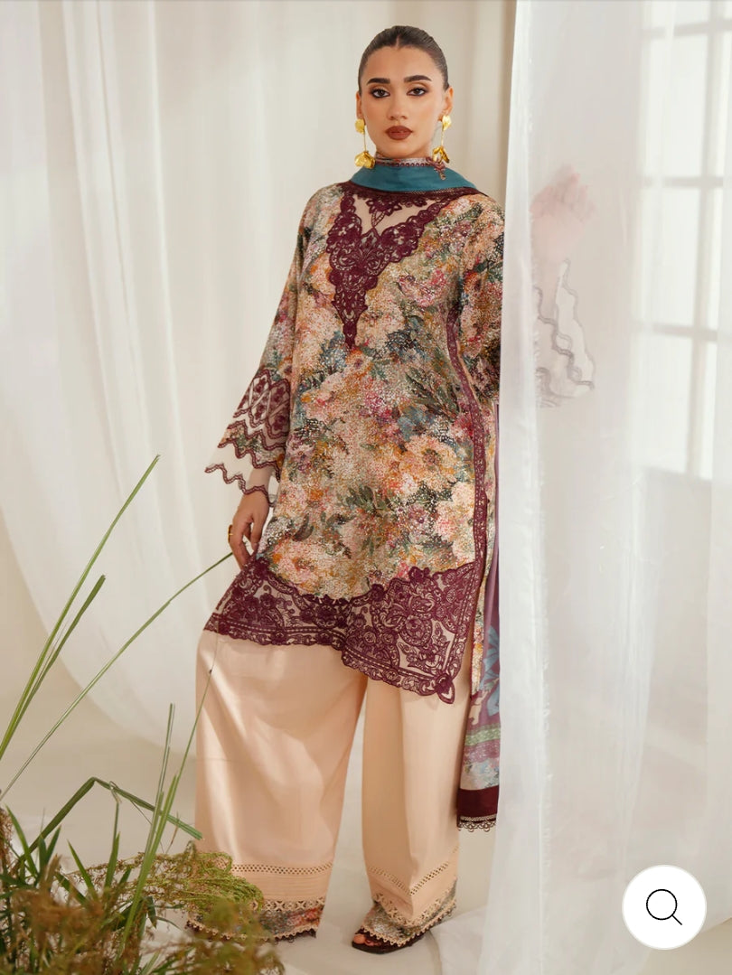 Eres Bonita by BinIlyas Embroidered Viscose Shirt with Digital Print Chiffon Dupatta & Trousers | 3-Piece Unstitched Suit 1104-B
