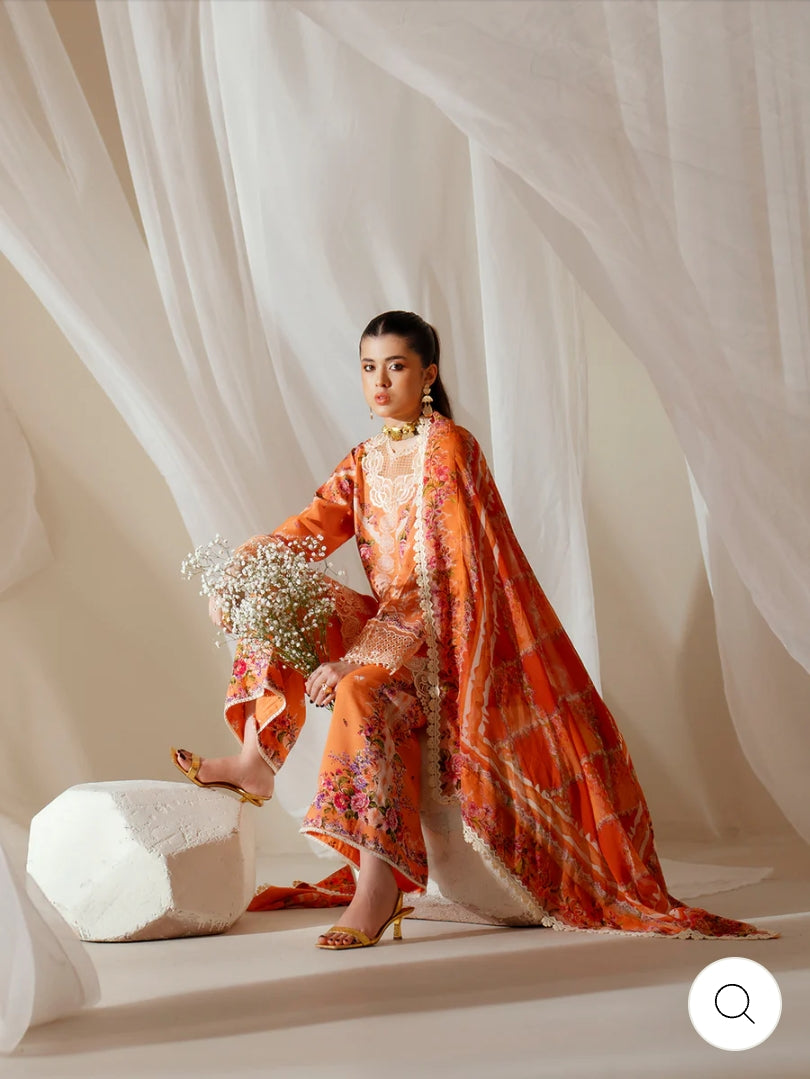 Eres Bonita by BinIlyas Embroidered Viscose Shirt with Digital Print Chiffon Dupatta & Trousers | 3-Piece Unstitched Suit 1101-A