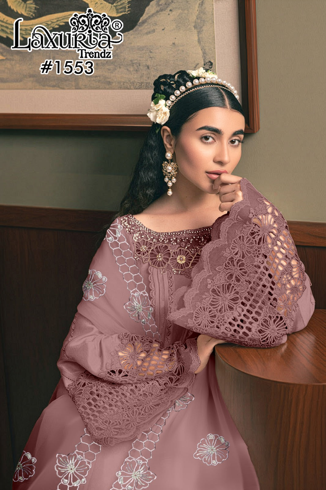 Laxuria Trendz | D.No.-1553 A | Embroidered Satin Tunic with Bell Sleeves & Organza Dupatta